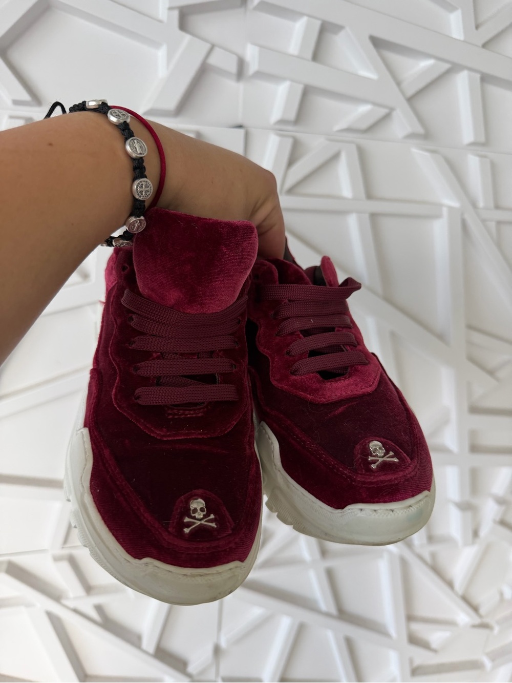Philipp Plein Burgundy Velvet Skull Sneakers